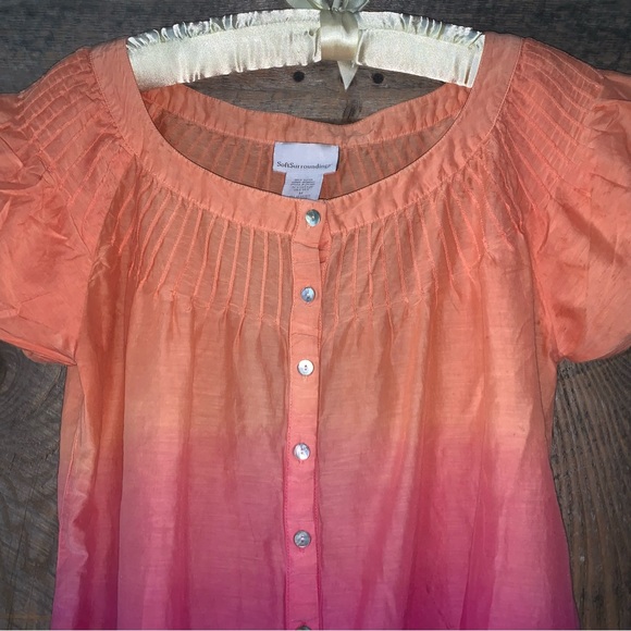 Women’s M SOFT SURROUNDINGS Orange Pink Ombré Peasant Top Cotton Silk SS Top EXC - Picture 2 of 12
